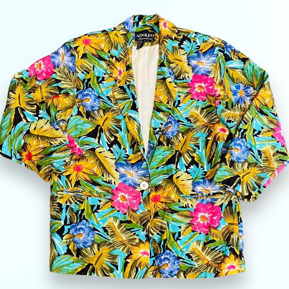 Vintage Adolfo International Oversized Linen Tropical Print Blazer SZ L